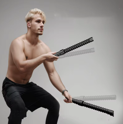 Homme s'entraîne avec des tiges élastiques à ressort, démontrant puissance et flexibilité pour le fitness.